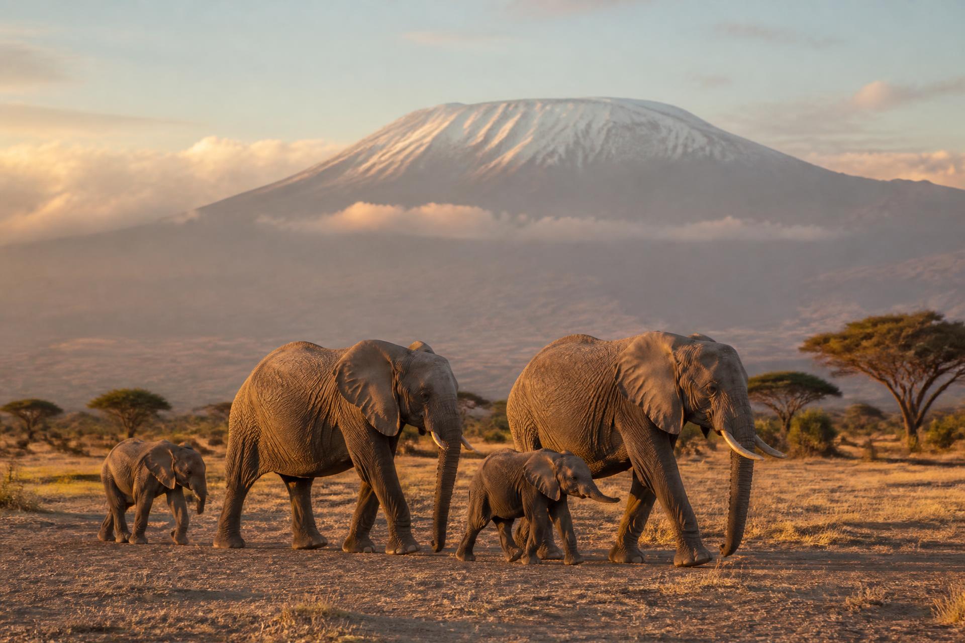 Elephants on the Kenyan savanna at golden hour